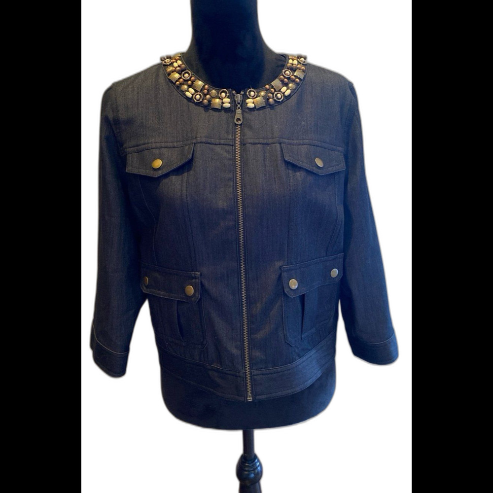 Ruby‎ Rd. Jacket Womens Light Denim  Size 14 P Embellished Neckline Zipper Front
